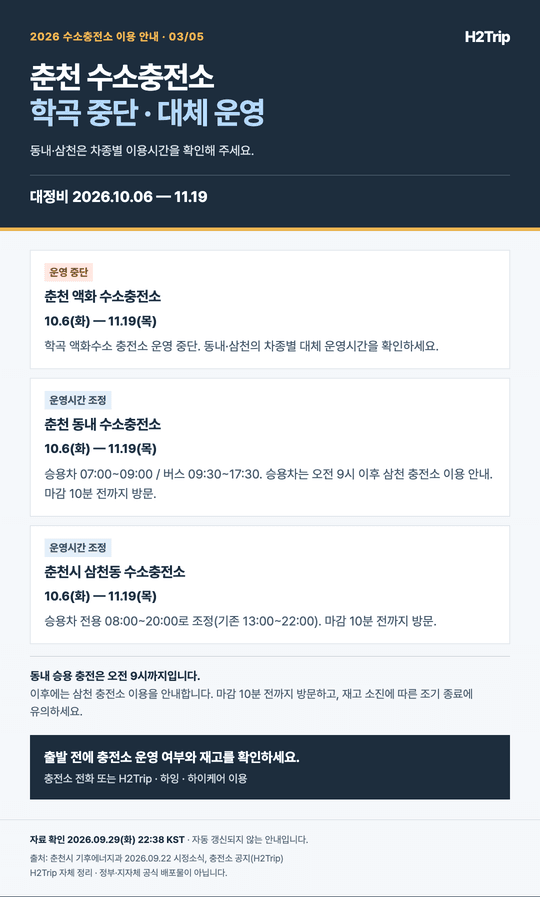 춘천 학곡 중단 및 동내·삼천 차종별 대체 운영시간