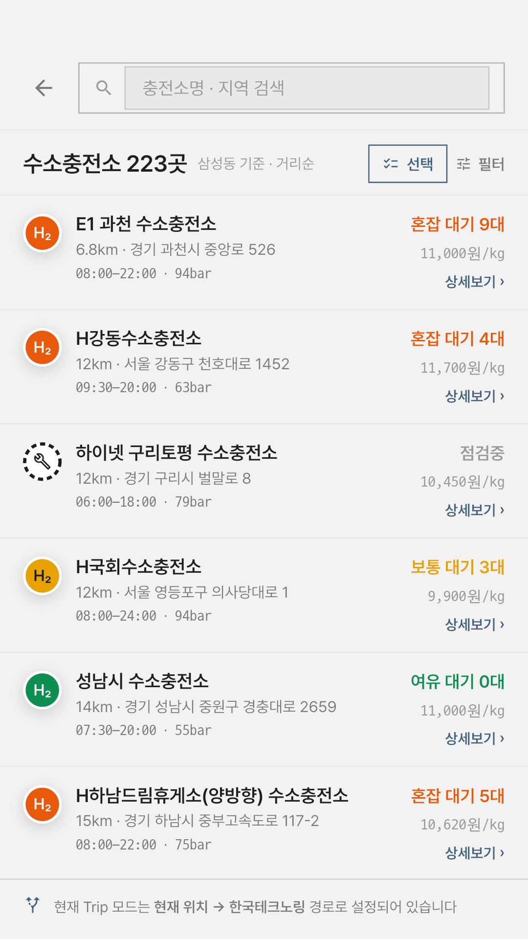 주변 수소충전소의 거리, 대기 차량과 가격을 비교하는 목록