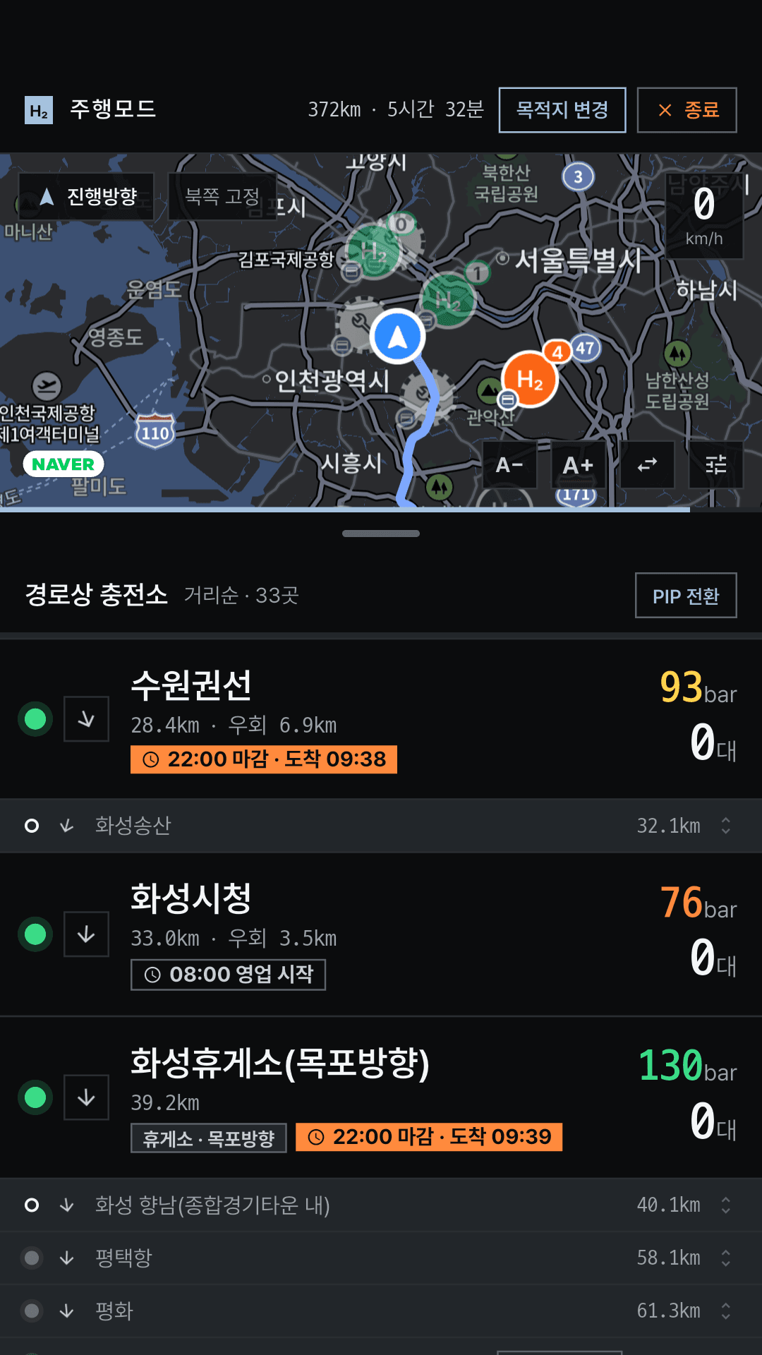 Trip 모드 화면: 경로 위 충전소의 압력과 대기 차량